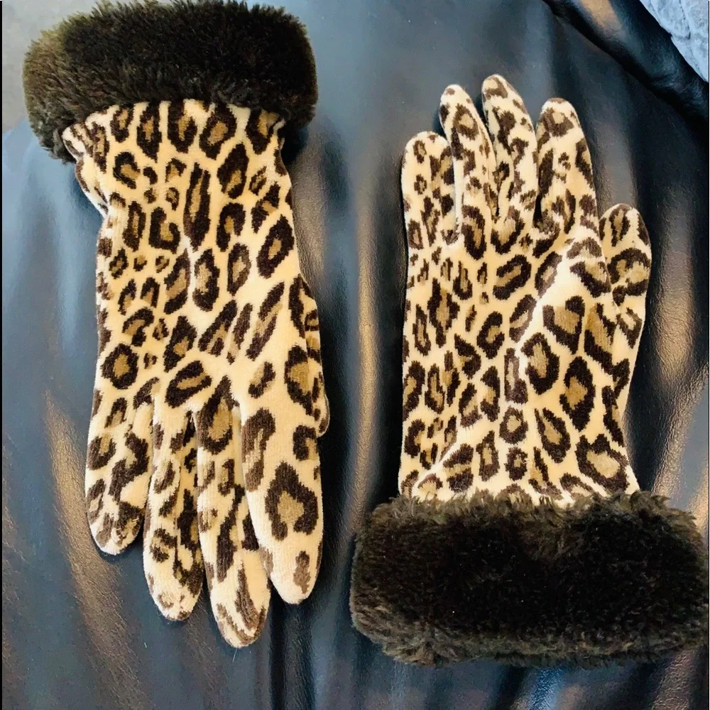 LEOPARD GLOVES WITH FAUX FUR TRIM